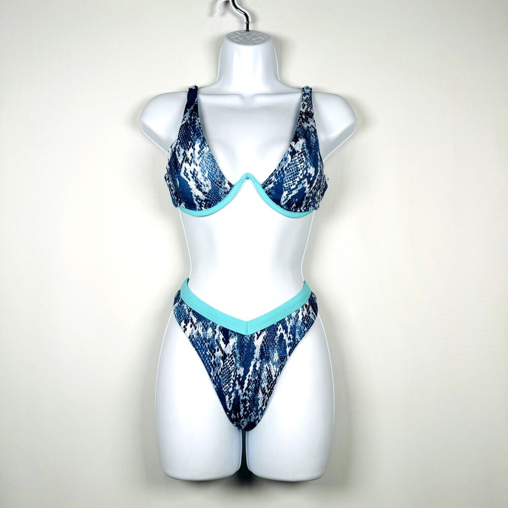 Zaful Women's Blue Snakeskin Sexy Beach Underwire Cheeky Bikini Set Size 6